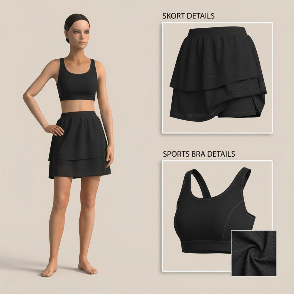 Clo3D render of an athletic skort and sports bra outfit on a digital model, with callouts highlighting skort and sports bra construction details.