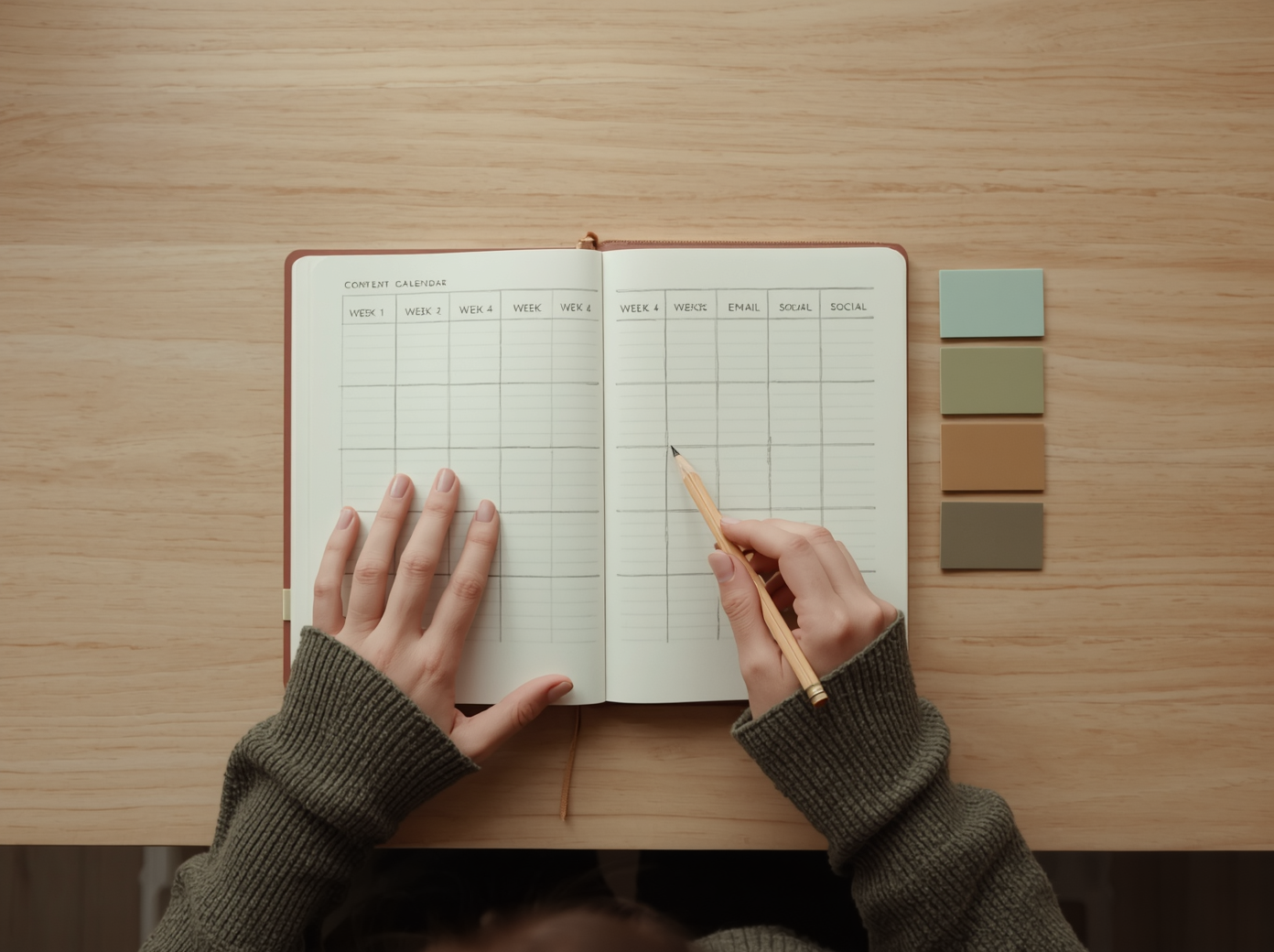 Overhead view of hands sketching a 12-week content calendar in a notebook, with muted color swatches beside it.