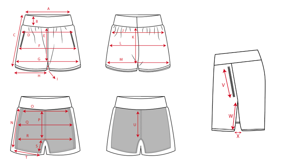 Swimwear brand: shorts tech pack with measurement callouts.