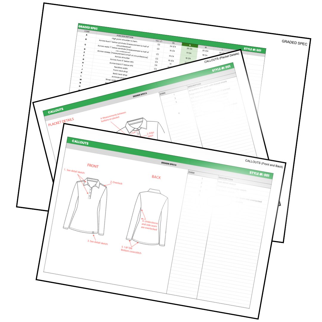 Women's golf brand: tech pack overview — callouts, placket details, and graded specs.