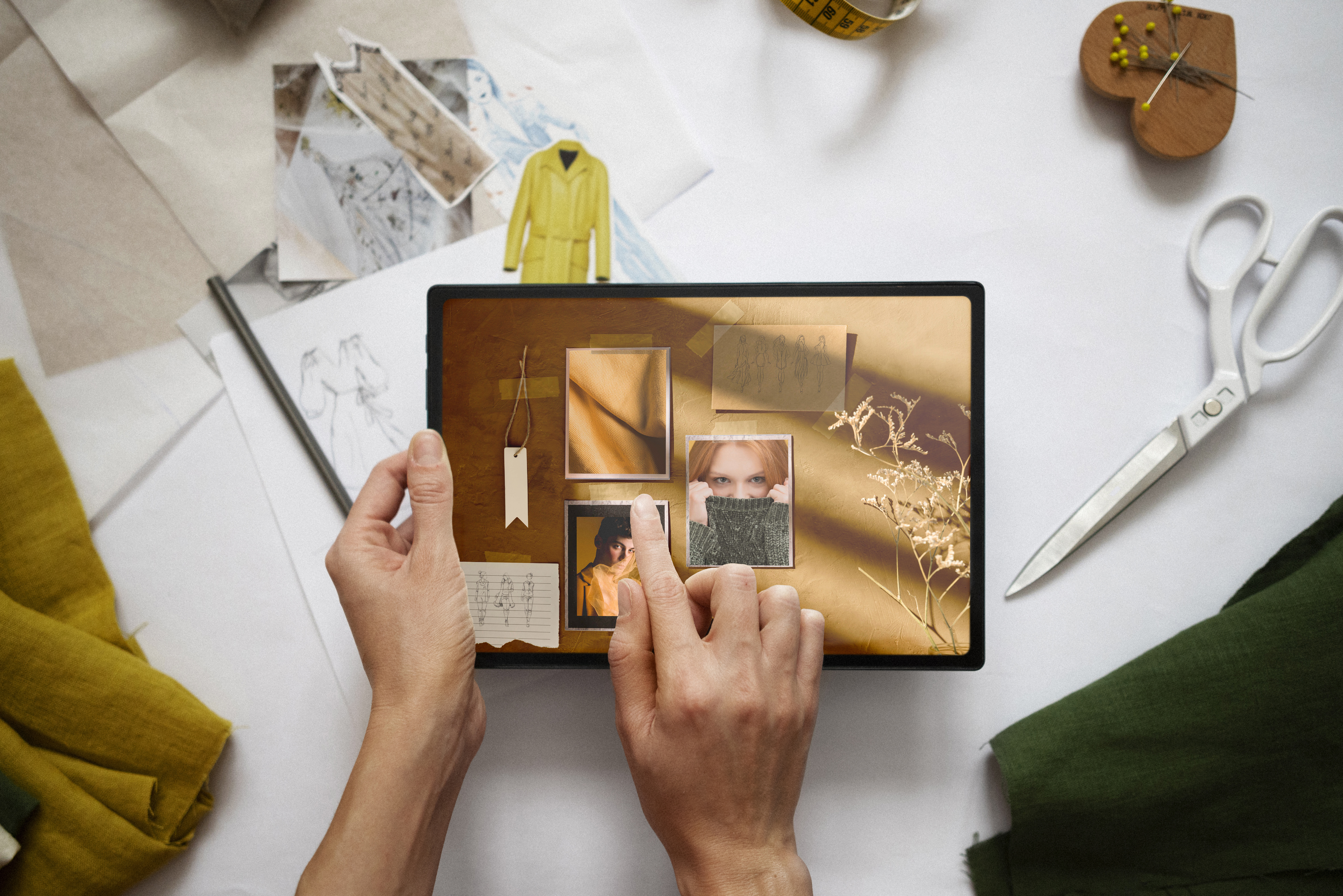 Hands arranging a digital mood board on a tablet, surrounded by sketches, fabric swatches, and tailoring shears.