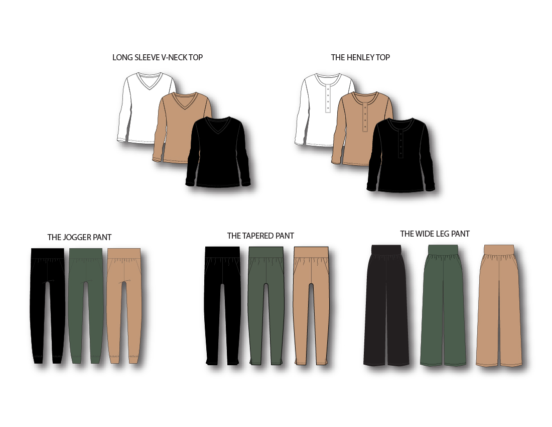 Fashion flat collection: long sleeve V-neck top, henley top, jogger pant, tapered pant, and wide-leg pant in white, tan, black, and forest green.