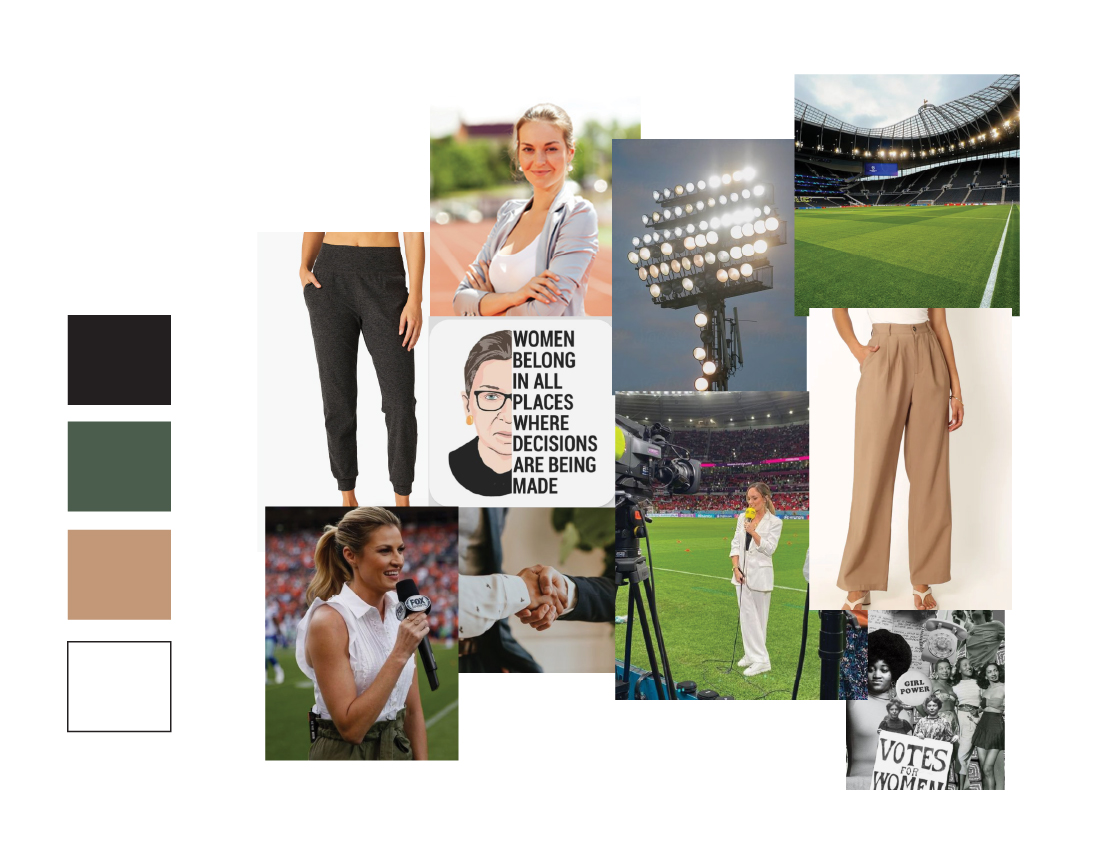 Women's sportswear and broadcasting mood board: athleisure pants, sideline reporters, stadium imagery, and a dark green / tan / black / white color palette.