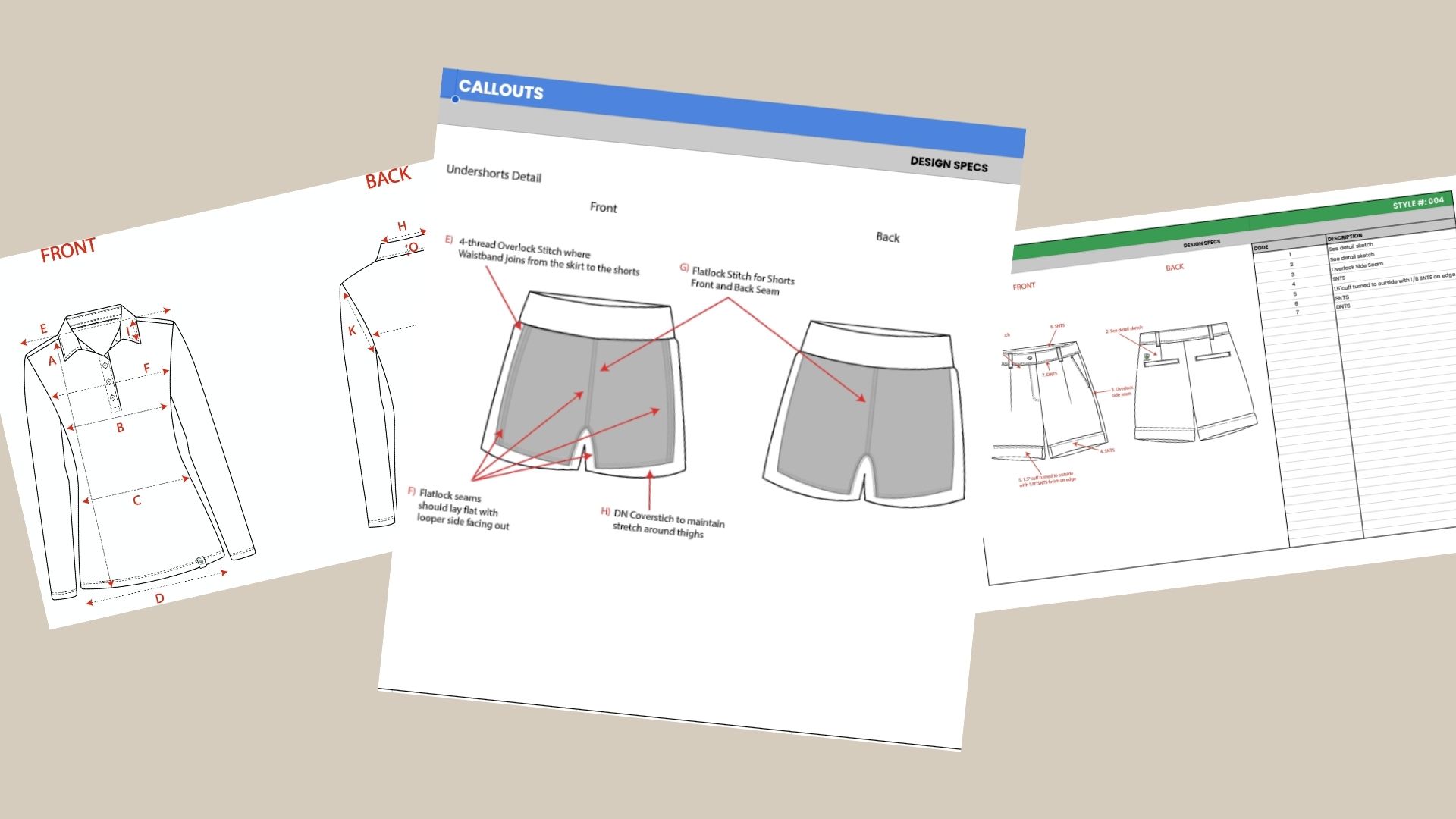 Tech pack pages: polo measurement points, undershorts construction callouts, and shorts design specs.